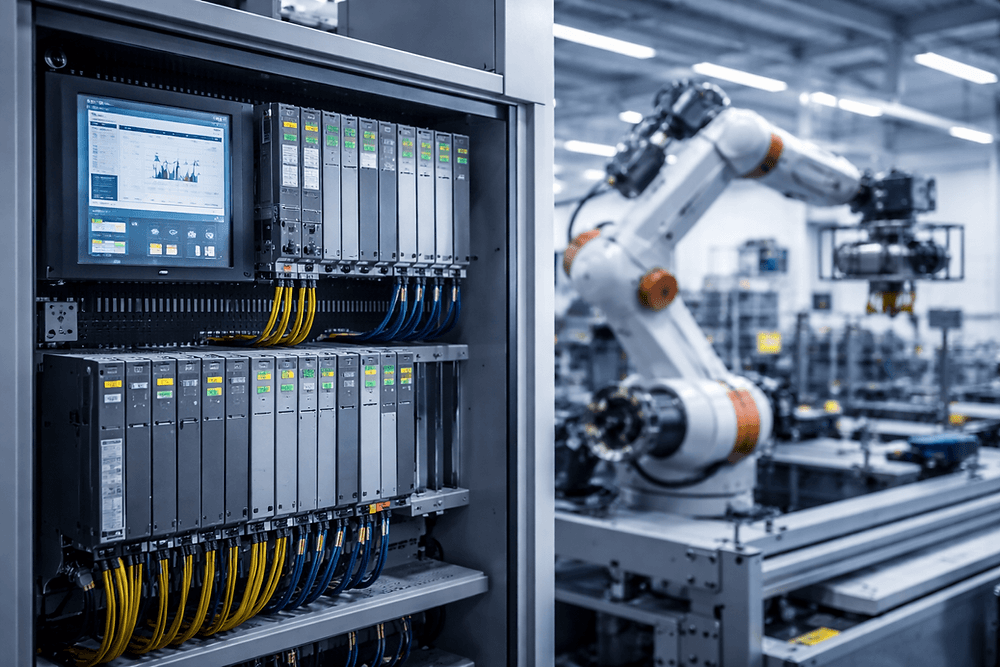 Siemens PLC and SCADA control panels in an industrial setting
